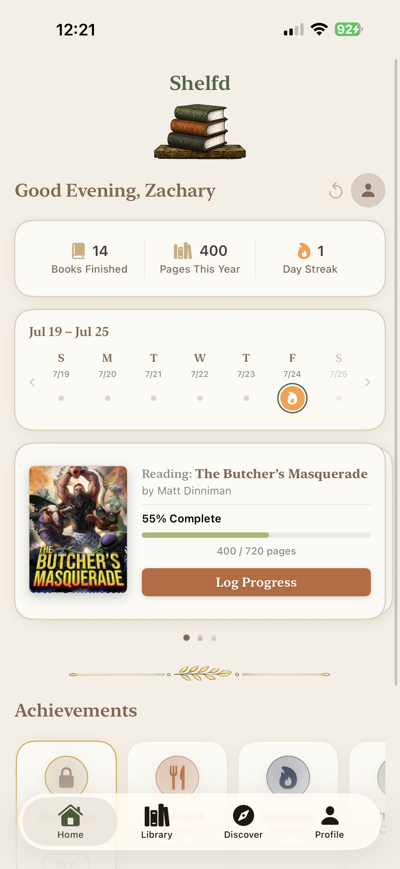 The Shelfd home screen, showing a book in progress and reading stats
