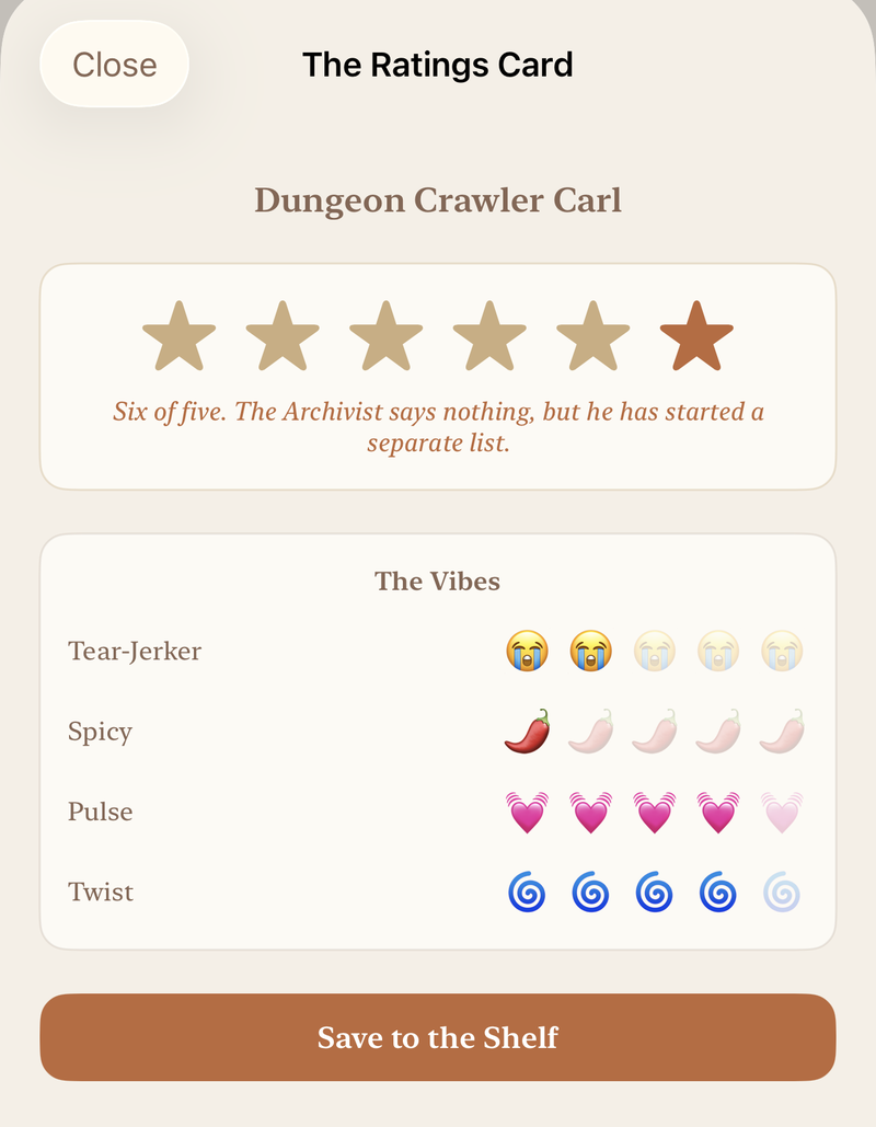The Shelfd Ratings Card rating Dungeon Crawler Carl six stars out of five, with emoji vibe ratings for tears, spice, pulse, and twist