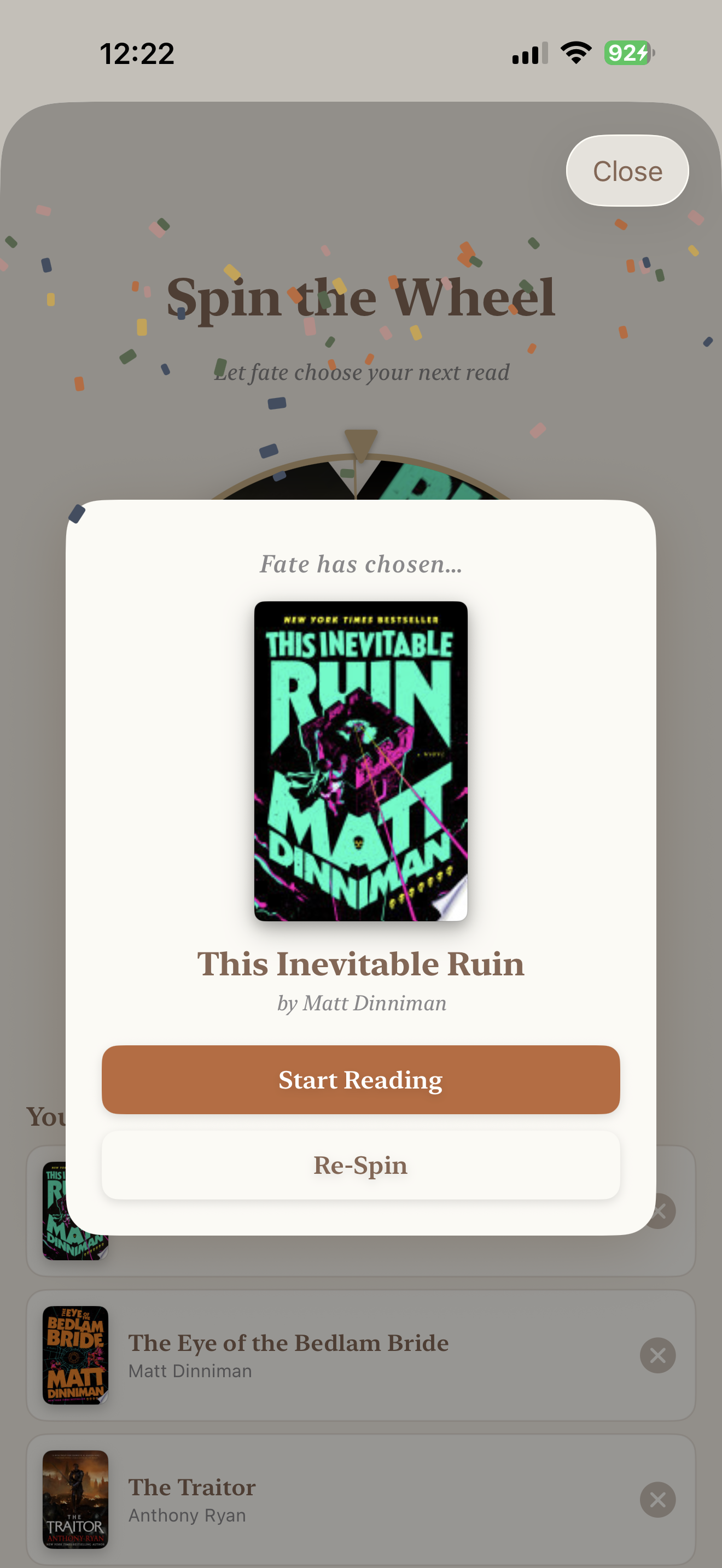 Shelfd's Spin the Wheel picking a book from your list
